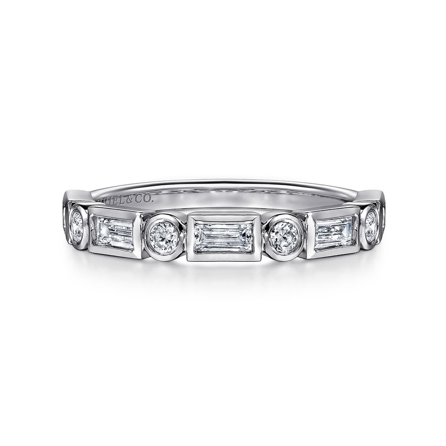 14K WHITE GOLD BEZEL SET BAGUETTE AND ROUND DIAMOND ANNIVERSARY BAND