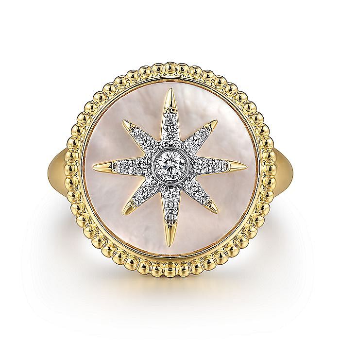 14K YELLOW GOLD MOTHER OF PEARL INLAY AND DIAMOND STARBURST SIGNET RING