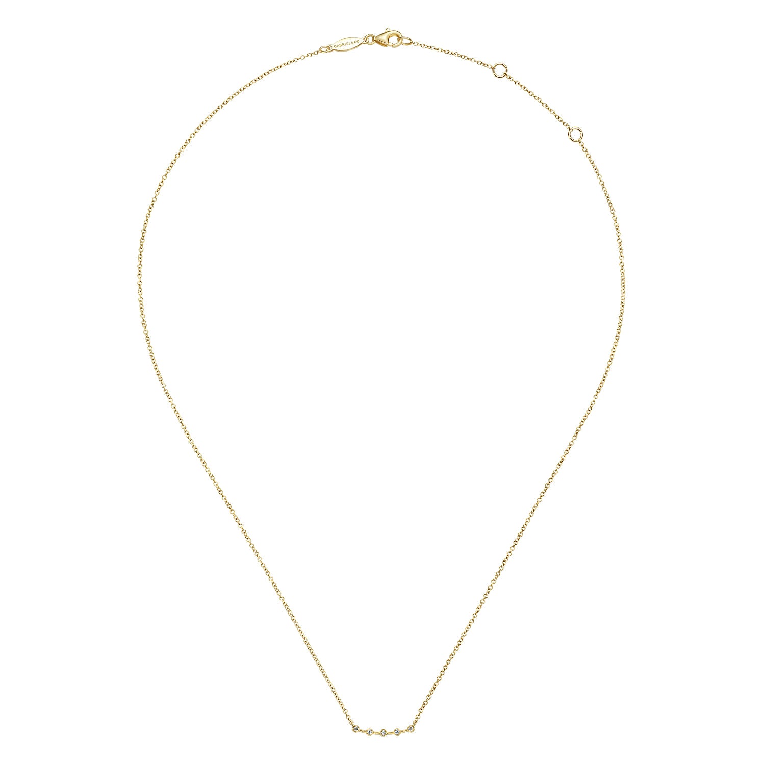 14 KARAT YELLOW GOLD DIAMOND STATIONS CURVED BAR NECKLACE