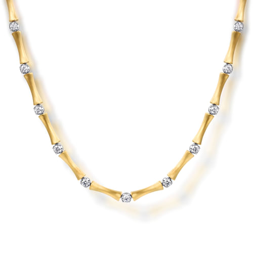 14K WHITE AND YELLOW GOLD DIAMOND BRUSH FINISH BAMBOO TENNIS NECKLACE