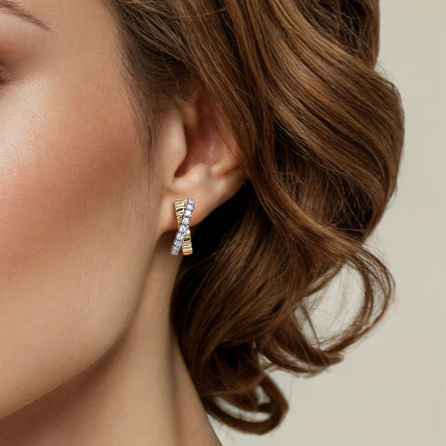 14K WHITE AND YELLOW GOLD DIAMOND J HOOP STUD EARRINGS WITH DIAMOND CUT TEXTURE