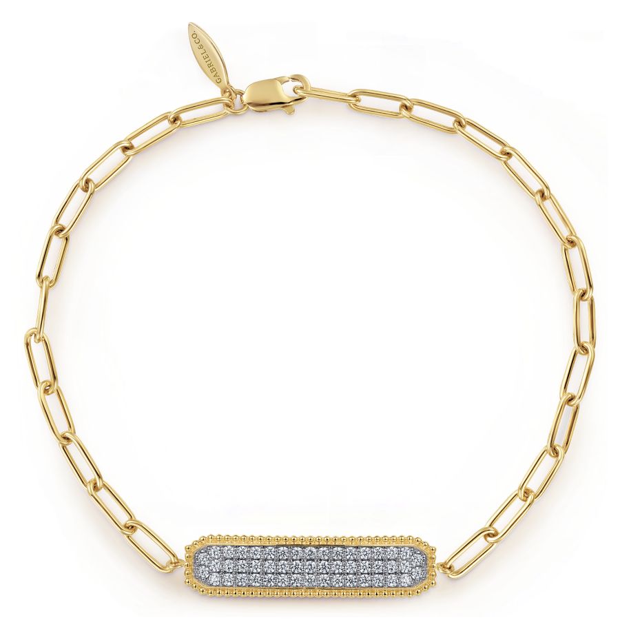 14K Yellow Gold Diamond Pave Wide Bar Hollow Chain Bracelet