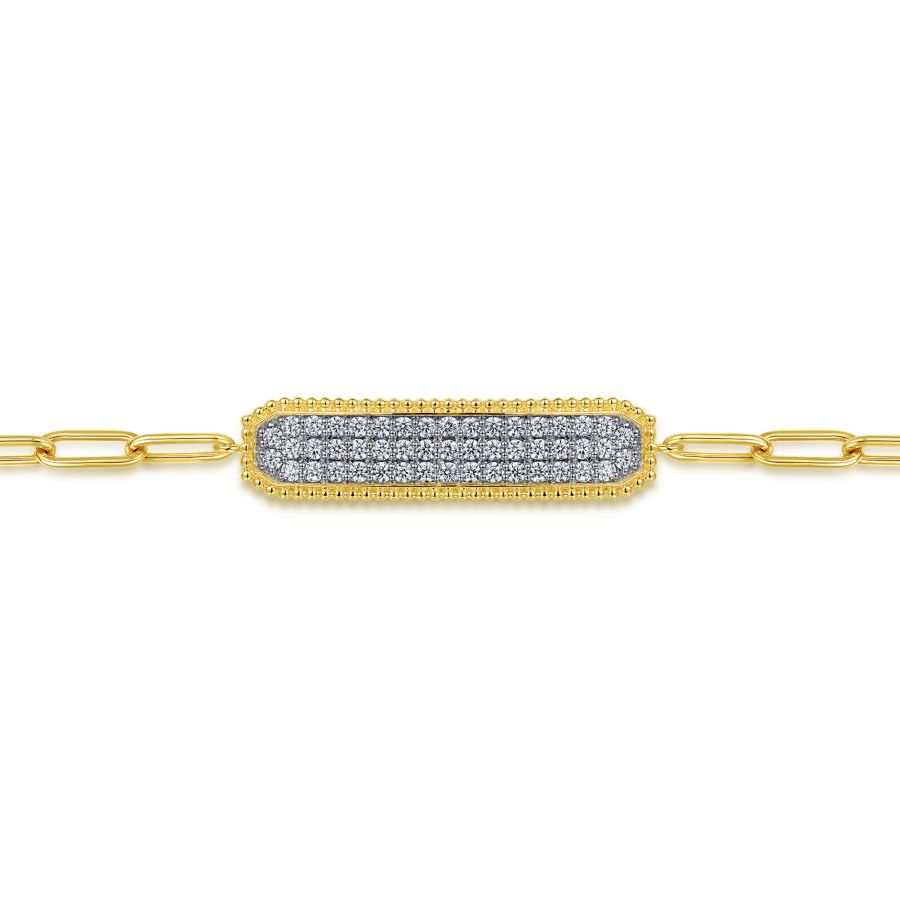 14K Yellow Gold Diamond Pave Wide Bar Hollow Chain Bracelet