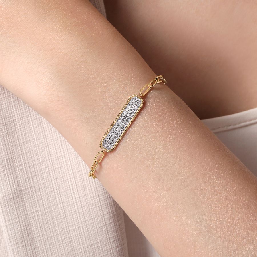 14K Yellow Gold Diamond Pave Wide Bar Hollow Chain Bracelet