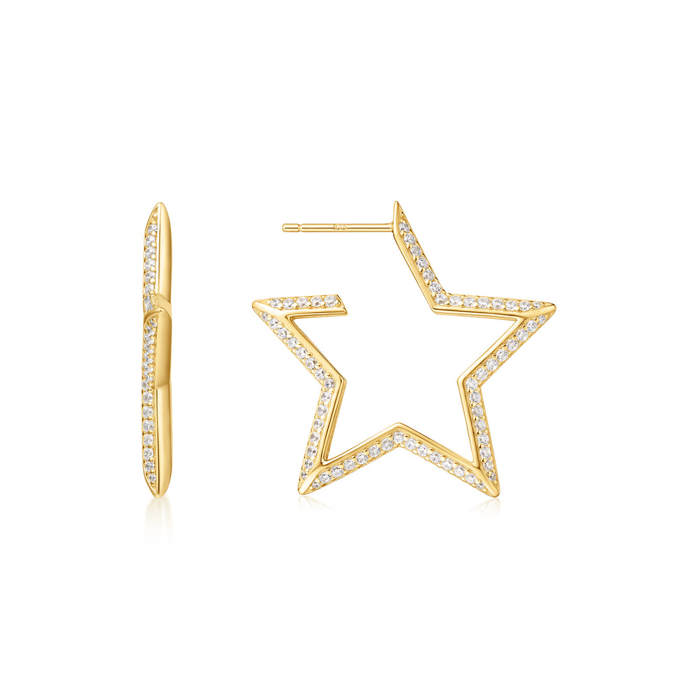 GOLD LARGE STAR-SHAPED PAVE HOOP EARRINGS