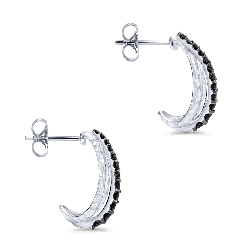 STERLING SILVER BLACK SPINEL J HOOP EARRINGS