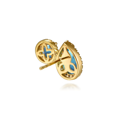14 KARAT YELLOW GOLD TOI ET MOI BLUE TOPAZ AND DIAMOND HALO STUD EARRINGS