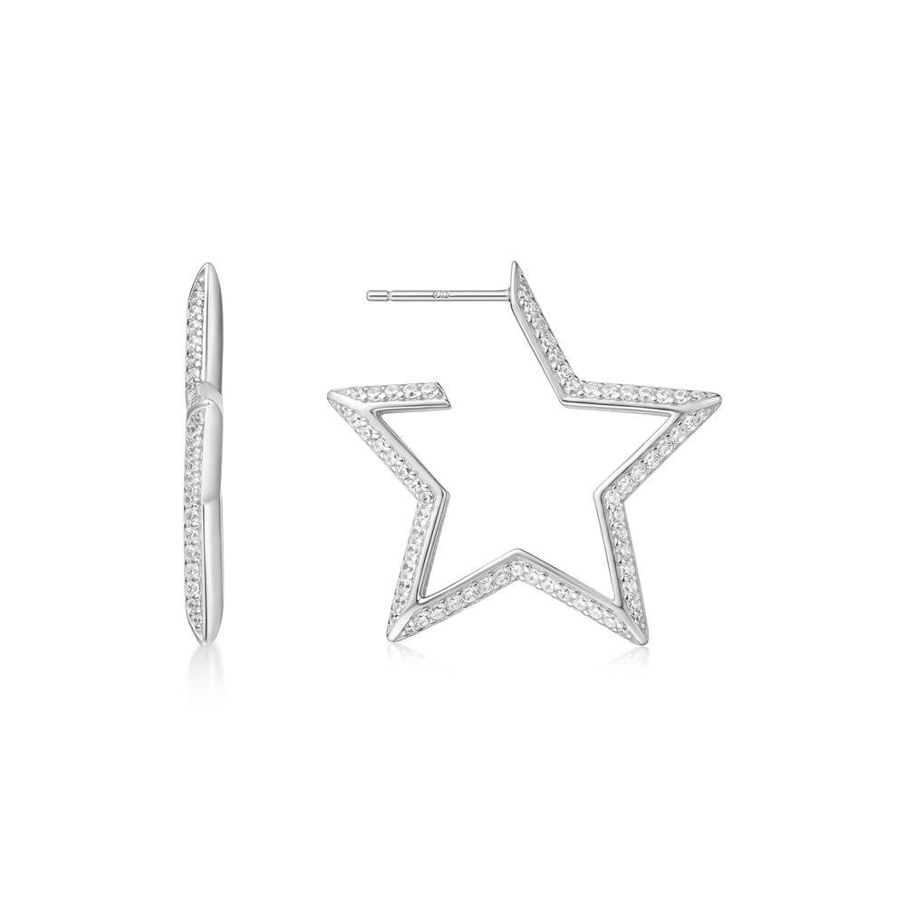 SILVER LARGE STAR-SHAPED PAVE HOOP EARRINGS