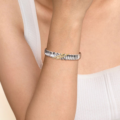 STERLING SILVER AND 14K YELLOW GOLD BUJUKAN SHRIMP CRISS CROSS BANGLE BRACELET