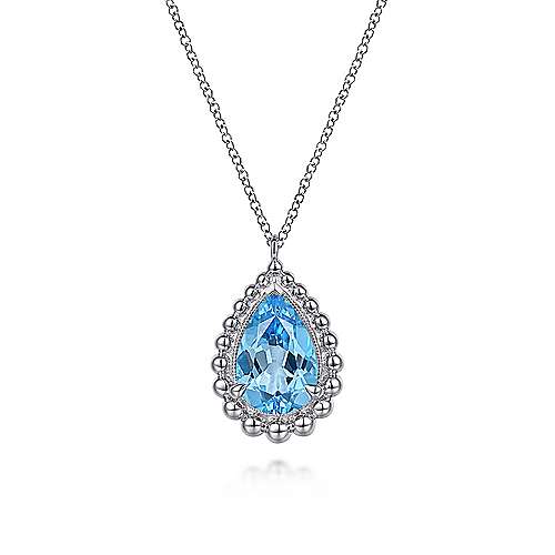 Sterling Silver Swiss Blue Topaz Bujukan Pear Shape Stud Necklace With Pattern