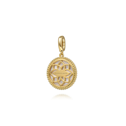 14 KARAT YELLOW GOLD 18MM BUJUKAN DIAMOND COMPASS AND MOTHER OF PEARL MEDALLION PENDANT WITH DETACHABLE BAIL
