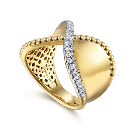 14K YELLOW GOLD BUJUKAN AND DIAMOND WIDE BAND "X" RING