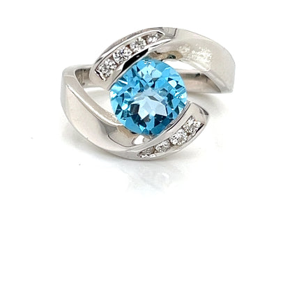 SS LAB GRWN DIA/ BLUE TPZ RING 8 LG RNDS