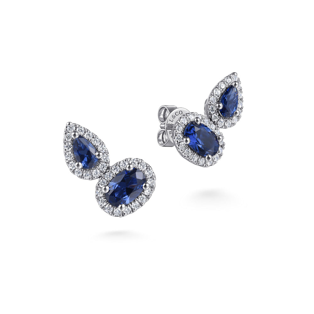 14K WHITE GOLD TOI ET MOI SAPPHIRE AND DIAMOND HALO STUD EARRINGS