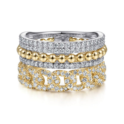 14K White-Yellow Gold Wide Band Layered Diamond Easy-Stackable in size 11.4mm width