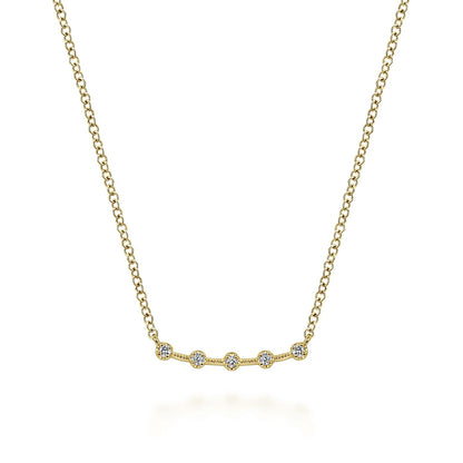 14 KARAT YELLOW GOLD  DIAMOND STATIONS CURVED BAR NECKLACE