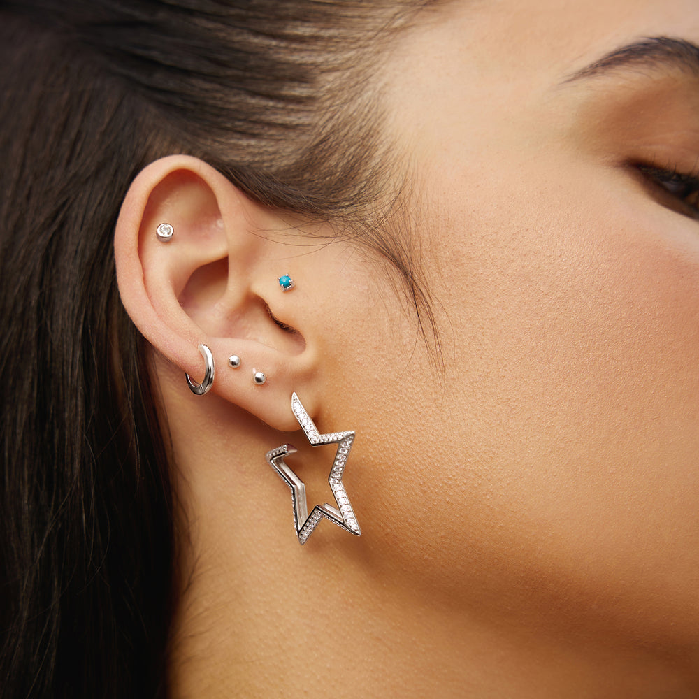 SILVER LARGE STAR-SHAPED PAVE HOOP EARRINGS