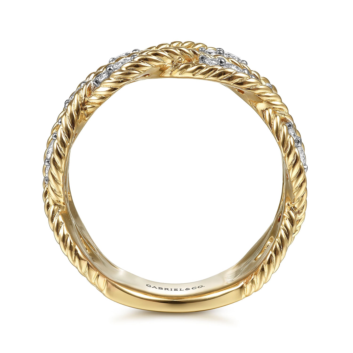 14K YELLOW GOLD TWISTED BRAIDED DIAMOND WIDE BAND RING