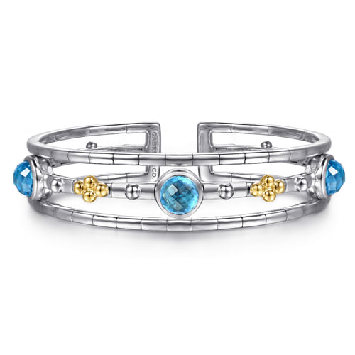 14K YELLOW GOLD AND STERLING SILVER BUJUKAN ROUND BLUE TOPAZ CUFF BANGLE BRACELET