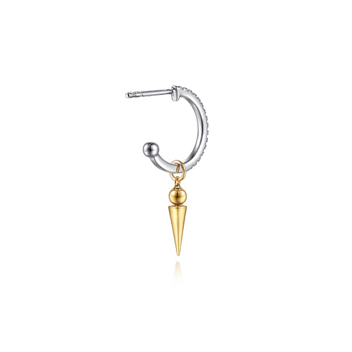 14K WHITE AND YELLOW GOLD BUJUKAN BULLET AND DIAMOND HUGGIE DROP EARRINGS