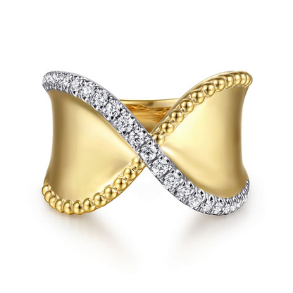 14K YELLOW GOLD BUJUKAN AND DIAMOND WIDE BAND "X" RING