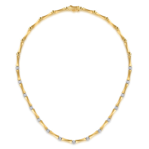 14K WHITE AND YELLOW GOLD DIAMOND BRUSH FINISH BAMBOO TENNIS NECKLACE