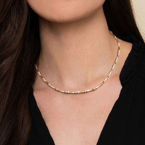 14K WHITE AND YELLOW GOLD DIAMOND BRUSH FINISH BAMBOO TENNIS NECKLACE