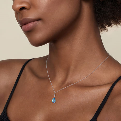 STERLING SILVER PEAR BLUE TOPAZ BUJUKAN PENDANT NECKLACE