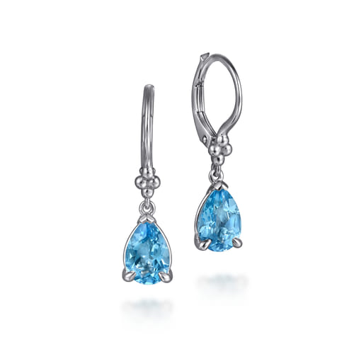 STERLING SILVER PEAR BLUE TOPAZ BUJUKAN DROP EARRINGS