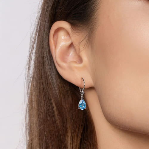 STERLING SILVER PEAR BLUE TOPAZ BUJUKAN DROP EARRINGS