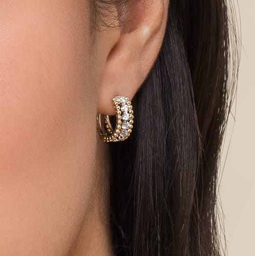 14 KARAT WHITE AND YELLOW GOLD DIAMOND HUGGIE EARRINGS- BUJUKAN