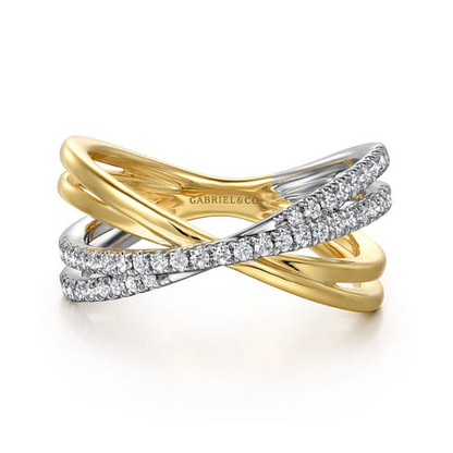 14 KARAT WHITE AND YELLOW GOLD WIDE CRISS CROSS BAND
