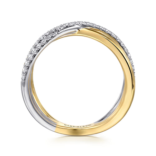 14 KARAT WHITE AND YELLOW GOLD WIDE CRISS CROSS BAND