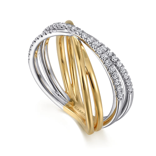 14 KARAT WHITE AND YELLOW GOLD WIDE CRISS CROSS BAND