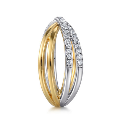 14 KARAT WHITE AND YELLOW GOLD WIDE CRISS CROSS BAND