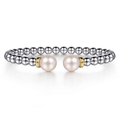 14 KARAT YELLOW GOLD AND STERLING SILVER  PEARL AND BUJUKAN BANGLE BRACELET