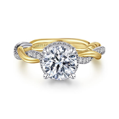 14 KARAT WHITE-YELLOW GOLD TWISTED ROUND HALO DIAMOND ENGAGEMENT RING