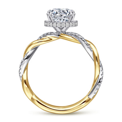 14 KARAT WHITE-YELLOW GOLD TWISTED ROUND HALO DIAMOND ENGAGEMENT RING