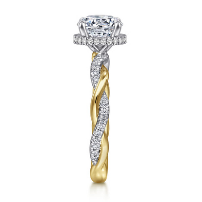 14 KARAT WHITE-YELLOW GOLD TWISTED ROUND HALO DIAMOND ENGAGEMENT RING