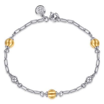 14 KARAT YELLOW GOLD AND STERLING SILVER BRUSH BUJUKAN BEADS STATION BRACELET