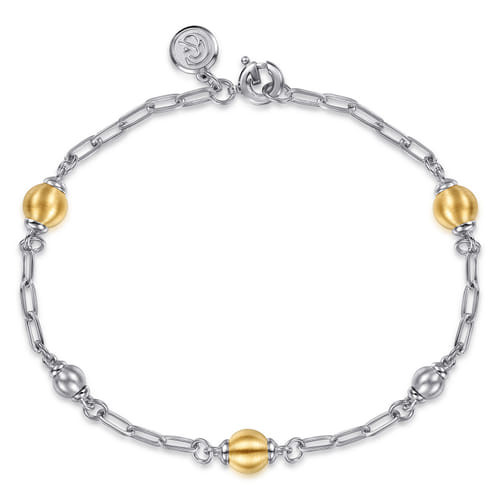 14 KARAT YELLOW GOLD AND STERLING SILVER BRUSH BUJUKAN BEADS STATION BRACELET