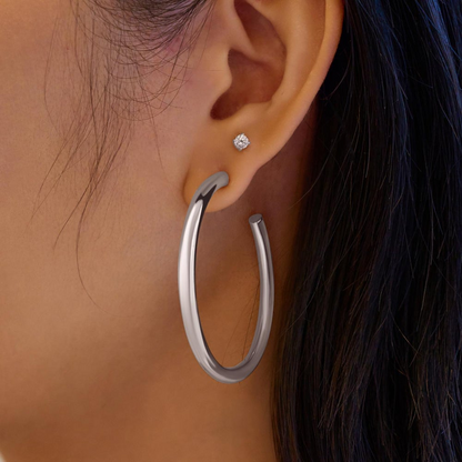 SILVER CLASSIC TUBE LARGE HOOP EARRINGS