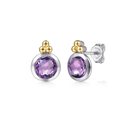 14 KARAT YELLOW GOLD AND STERLING SILVER BUJUKAN ROUND AMETHYST STUD EARRINGS