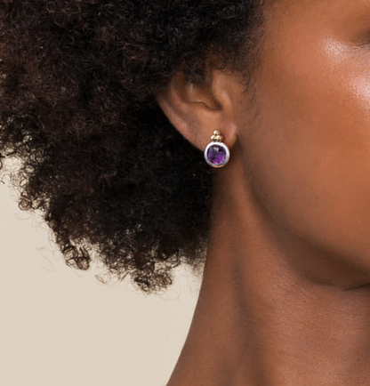 14 KARAT YELLOW GOLD AND STERLING SILVER BUJUKAN ROUND AMETHYST STUD EARRINGS