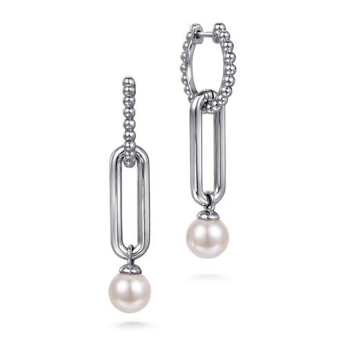 STERLING SILVER PEARL HUGGIE DROP EARRINGS-BUJUKAN