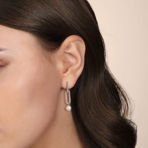 STERLING SILVER PEARL HUGGIE DROP EARRINGS-BUJUKAN