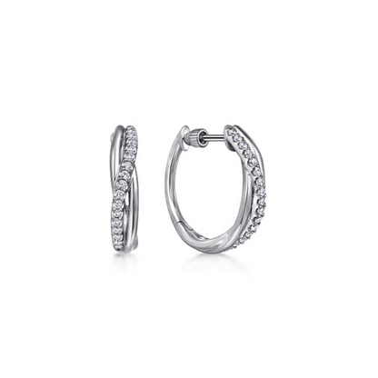 STERLING SILVER TWISTED 15MM WHITE SAPPHIRE HUGGIE EARRINGS