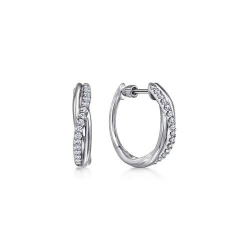 STERLING SILVER TWISTED 15MM WHITE SAPPHIRE HUGGIE EARRINGS