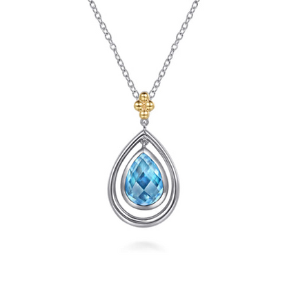 14 KARAT YELLOW GOLD AND STERLING SILVER BUJUKAN PEAR BLUE TOPAZ PENDANT NECKLACE