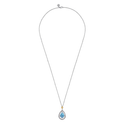 14 KARAT YELLOW GOLD AND STERLING SILVER BUJUKAN PEAR BLUE TOPAZ PENDANT NECKLACE